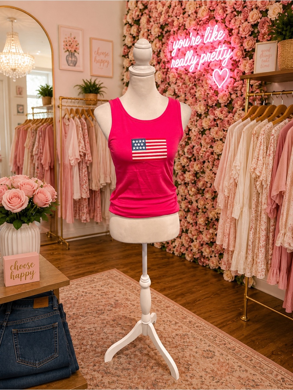 Zenana Women’s Pink Embroidered American Flag Tank Top Cotton Stretch NWOT